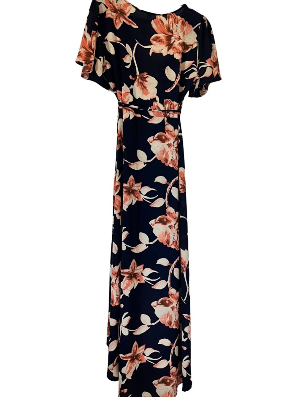 Peppermint Navy Coral Floral High-Low‎ Wrap Maxi Dress L Flutter Sleeve - Picture 4 of 16